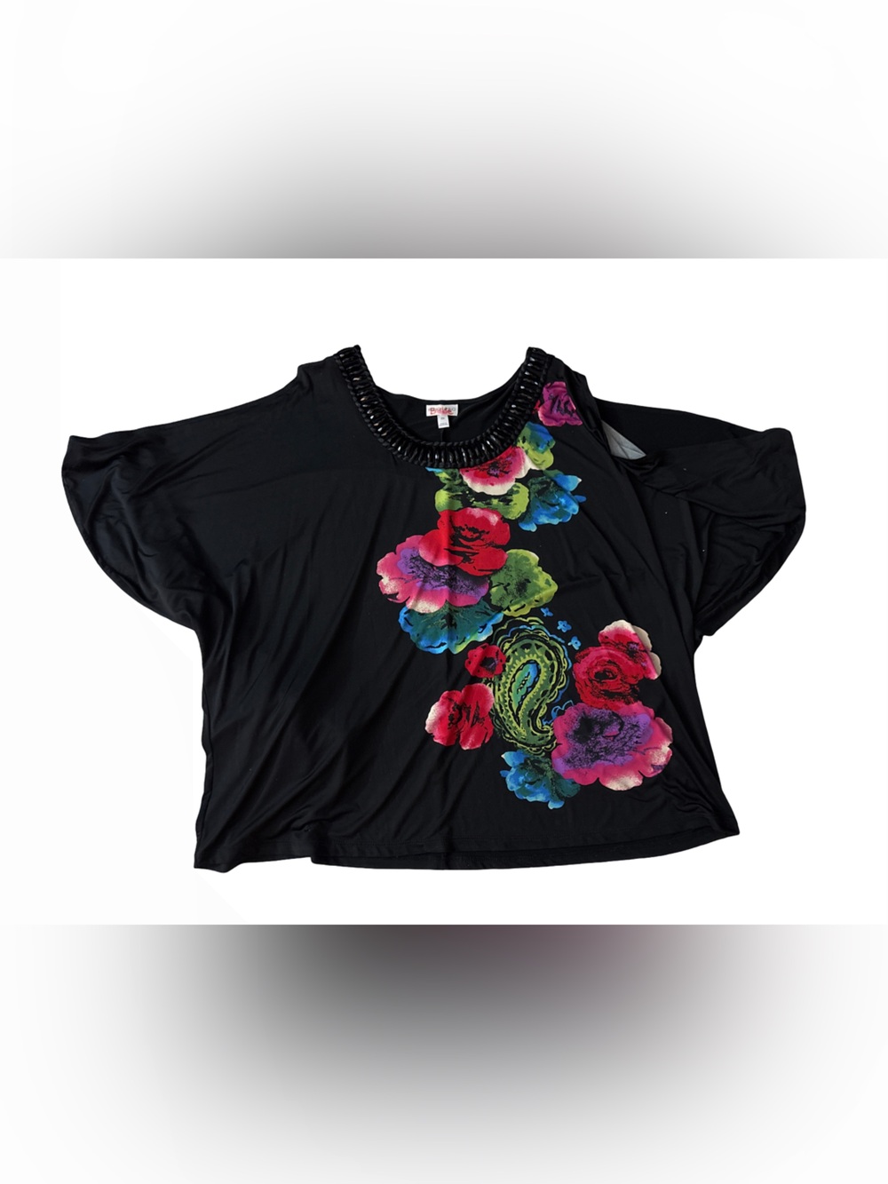 Fashion Bug Black Tunic with Multicolor Floral Print and Beaded Neckline